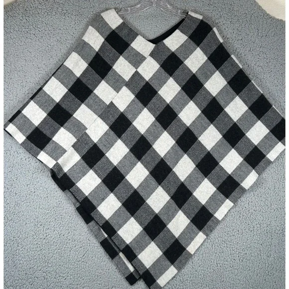 Lauren Ralph Lauren L/XL Black Ivory Plaid Fringe Wool Blend Poncho - Picture 3 of 9